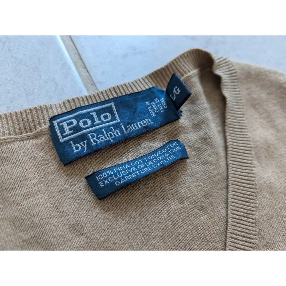 Polo Ralph Lauren Men's Large V-Neck Sweater Pullover Pima Cotton Beige Vintage